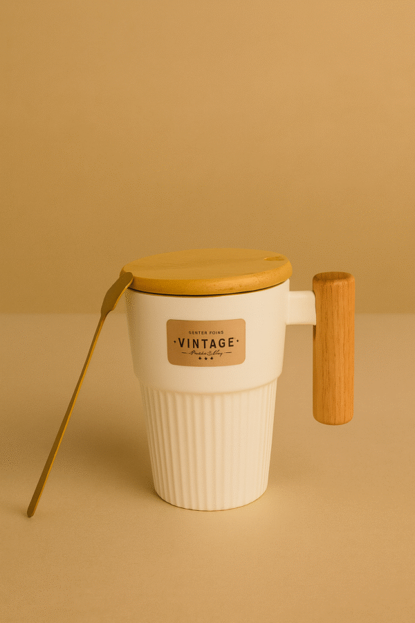 مج ابيض بيد وغطاء خشب معلقة