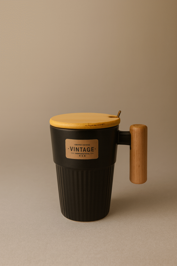 مج اسود بيد وغطاء خشب ومعلقة