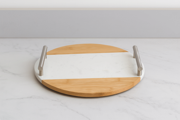 صينية خشب رخامي بيد استانلس