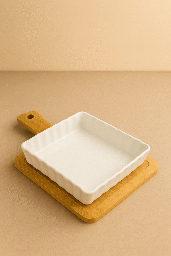 طبق سيراميك بقاعدة خشبية