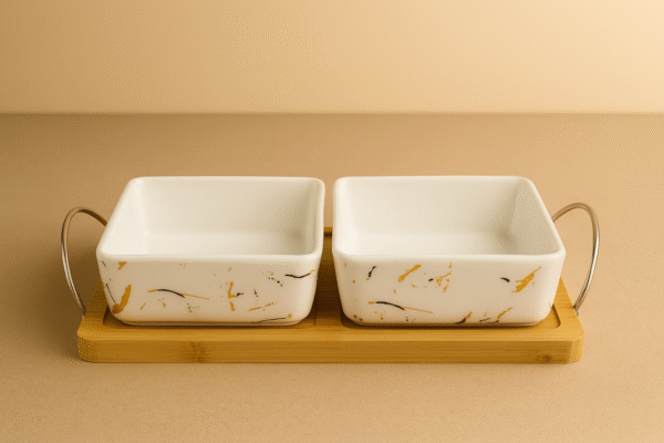 طقم بورسلين 2قطعة بقاعدة خشب